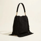 Black large suede fringe bag, three-quarter angle showing side depth