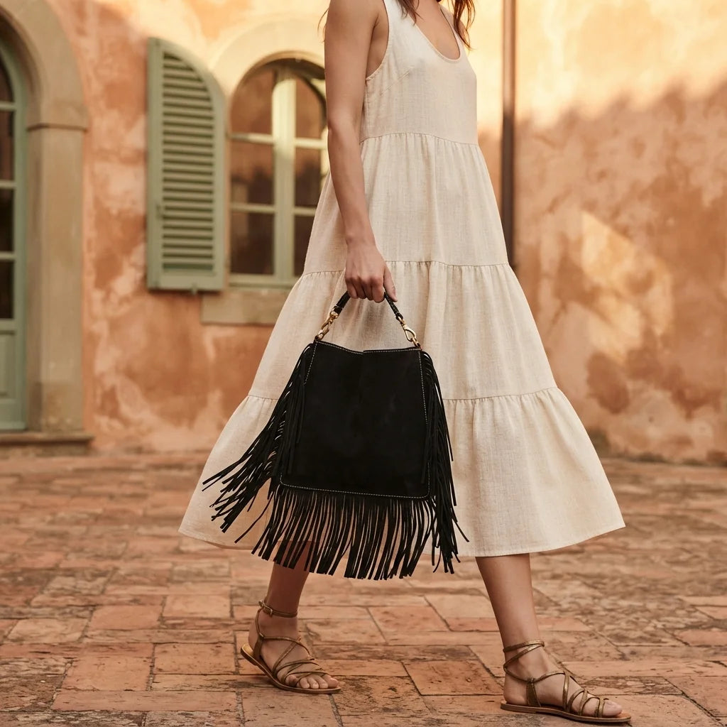 Woman wearing Black large suede fringe bag with swaying fringe