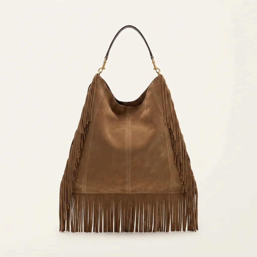 Back panel of Brown large suede fringe bag with strap attachments