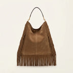Back panel of Brown large suede fringe bag with strap attachments