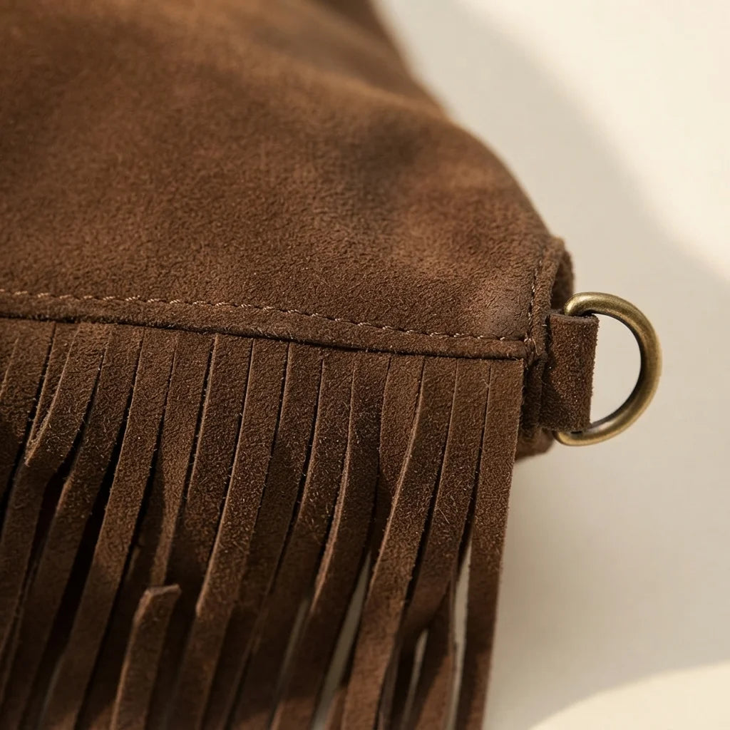 Close-up of fringe stitching and texture on Brown large suede fringe bag