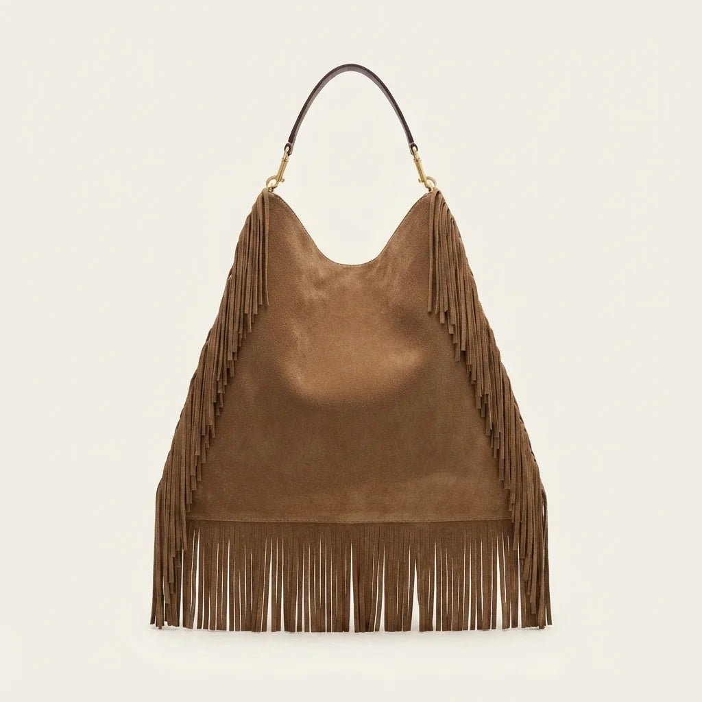 Brown large suede fringe bag, front view