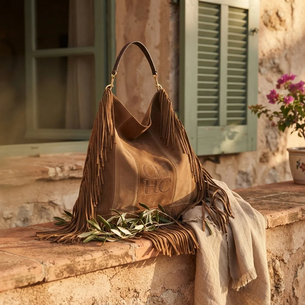 Brown large suede fringe bag styled in a warm Mediterranean setting