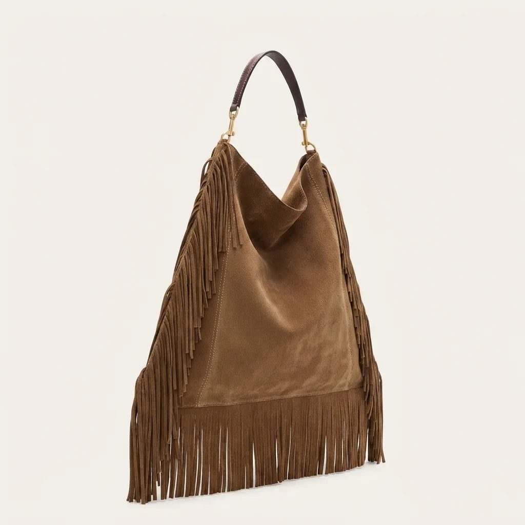 Brown large suede fringe bag, three-quarter angle showing side depth