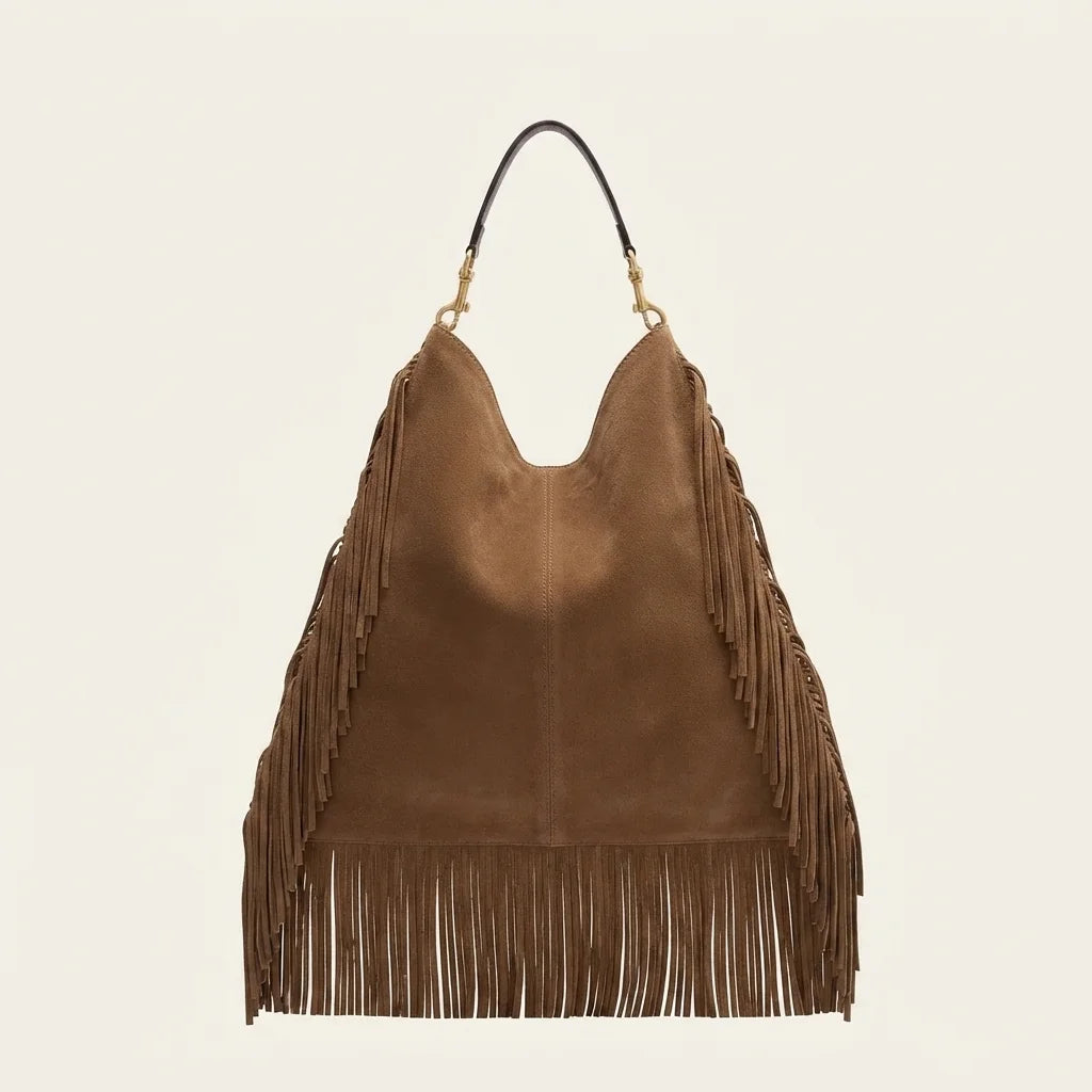 Back panel of Coffee large suede fringe bag with strap attachments
