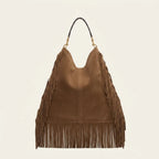Back panel of Coffee large suede fringe bag with strap attachments