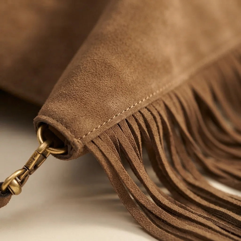 Close-up of fringe stitching and texture on Coffee large suede fringe bag