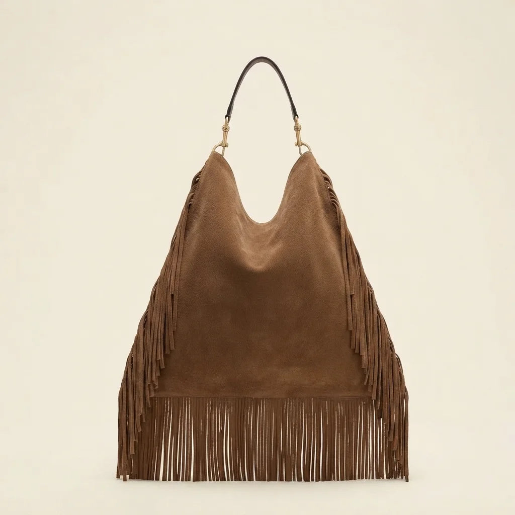Coffee large suede fringe bag, front view