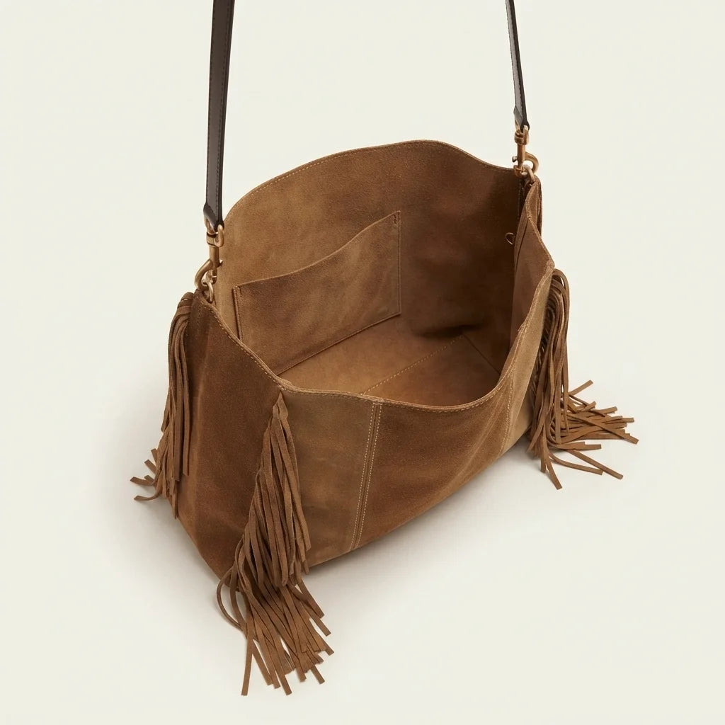 Interior lining and pockets of Coffee large suede fringe bag