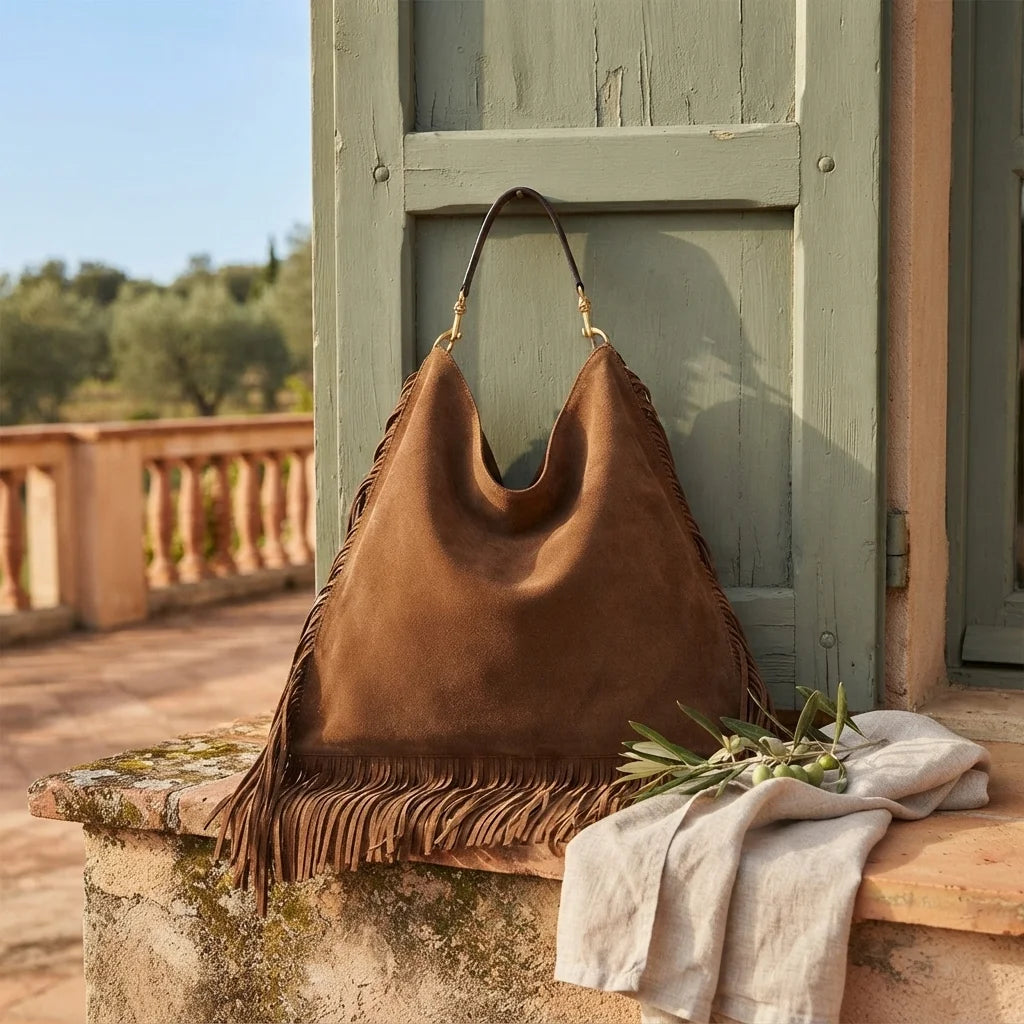 Coffee large suede fringe bag styled in a warm Mediterranean setting
