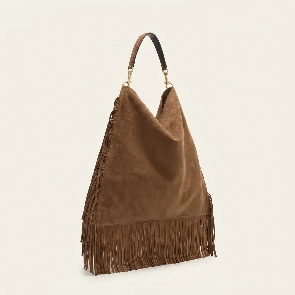 Coffee large suede fringe bag, three-quarter angle showing side depth