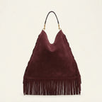 Back panel of Maroon large suede fringe bag with strap attachments
