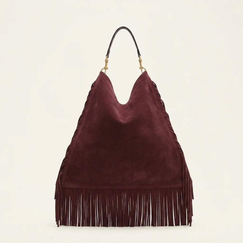 Back panel of Maroon large suede fringe bag with strap attachments