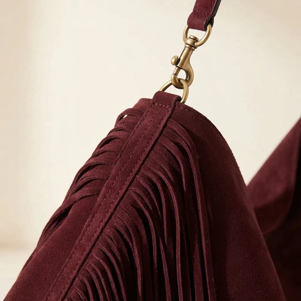 Close-up of fringe stitching and texture on Maroon large suede fringe bag