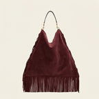 Maroon large suede fringe bag, front view