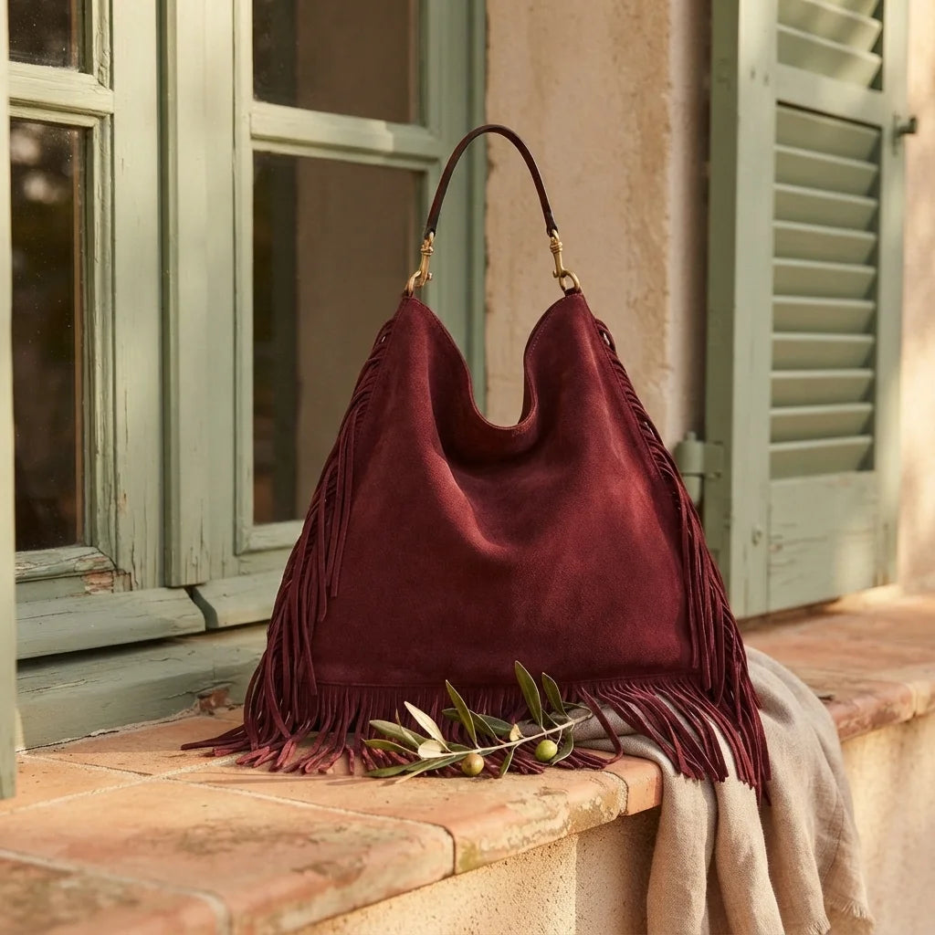 Maroon large suede fringe bag styled in a warm Mediterranean setting