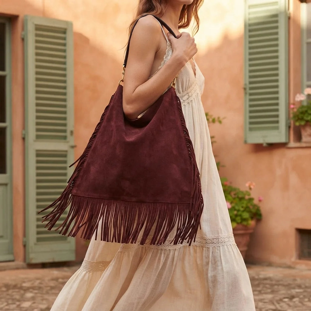 Woman wearing Maroon large suede fringe bag with swaying fringe