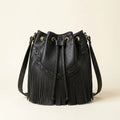 Black leather bucket bag with fringes, front view
