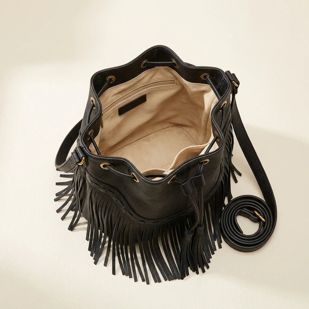 Interior lining and pockets of Black leather bucket bag with fringes