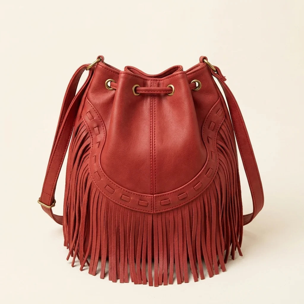 Back panel of Red leather bucket bag with fringes with strap attachments
