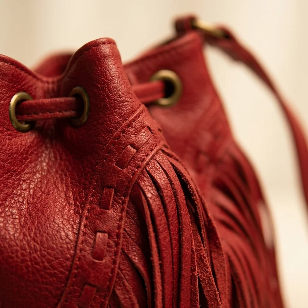 Close-up of fringe stitching and texture on Red leather bucket bag with fringes