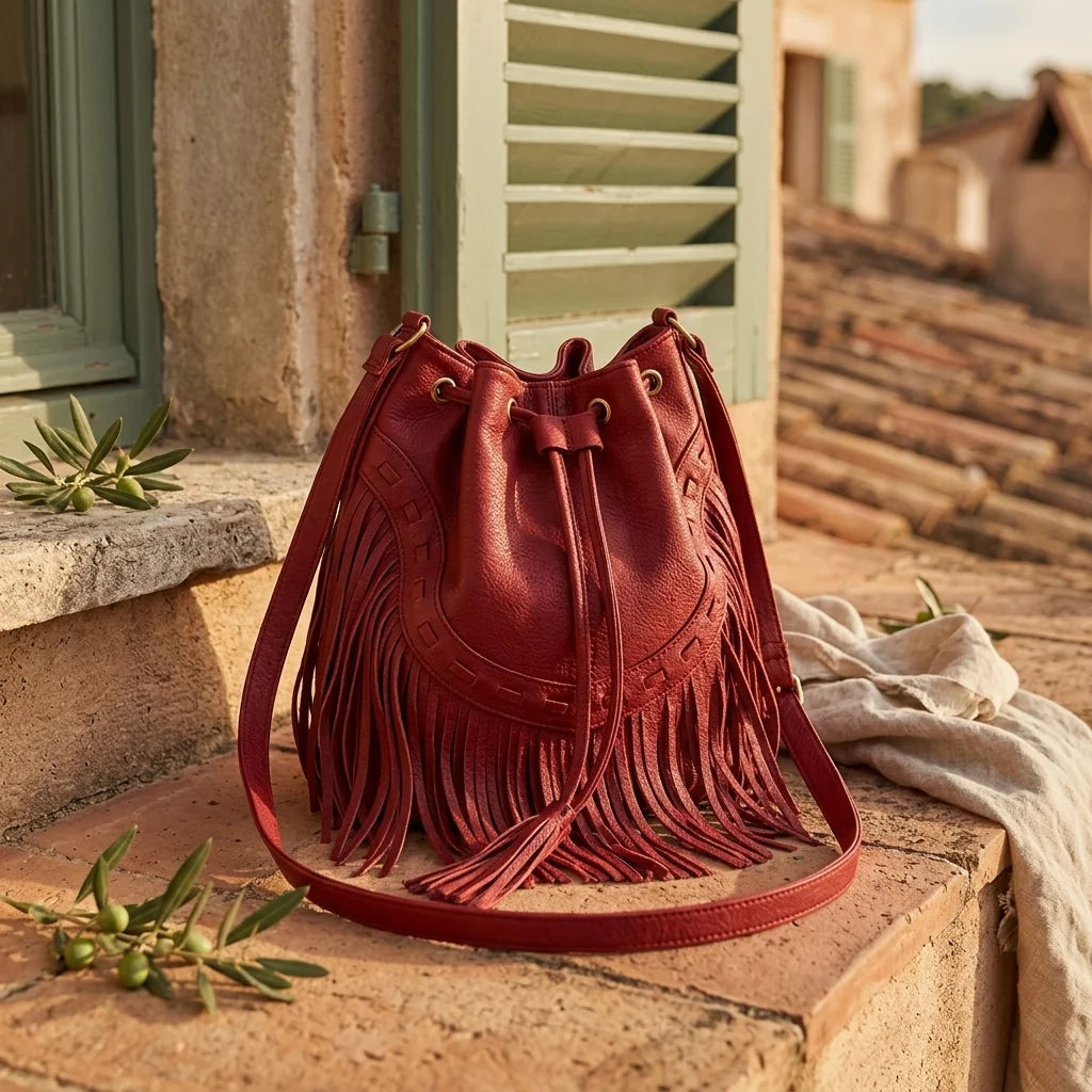 Red leather bucket bag with fringes styled in a warm Mediterranean setting