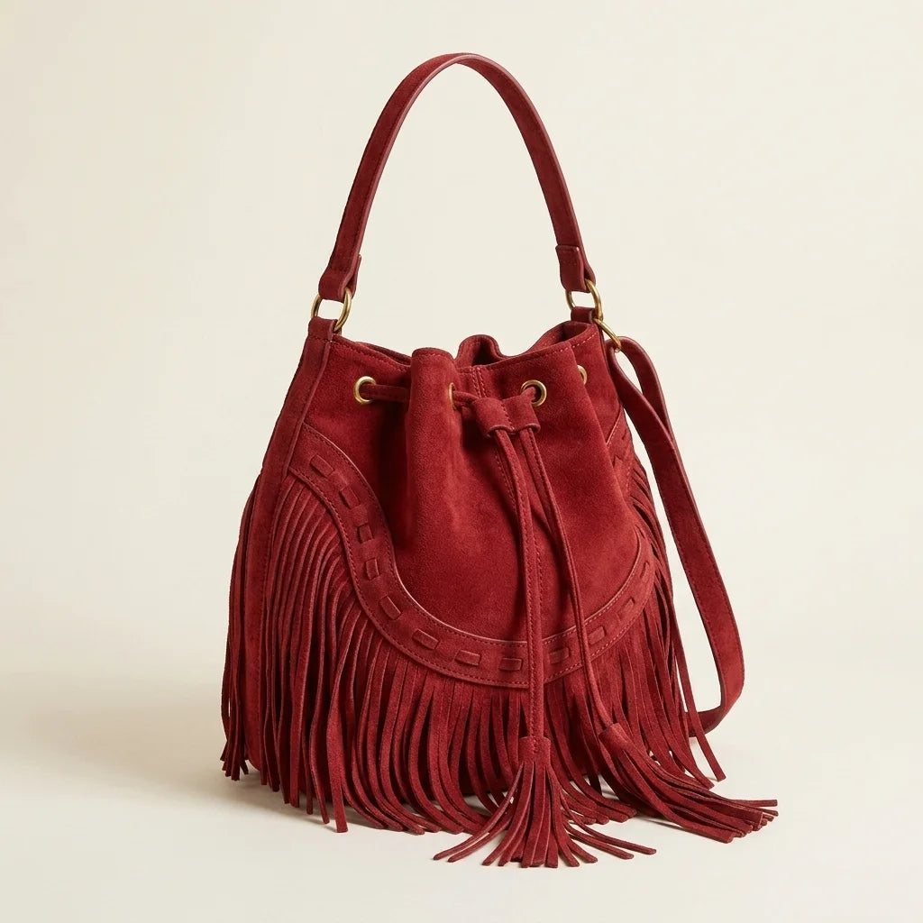 Red leather bucket bag with fringes, three-quarter angle showing side depth