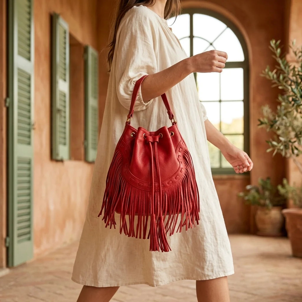 Woman wearing Red leather bucket bag with fringes with swaying fringe