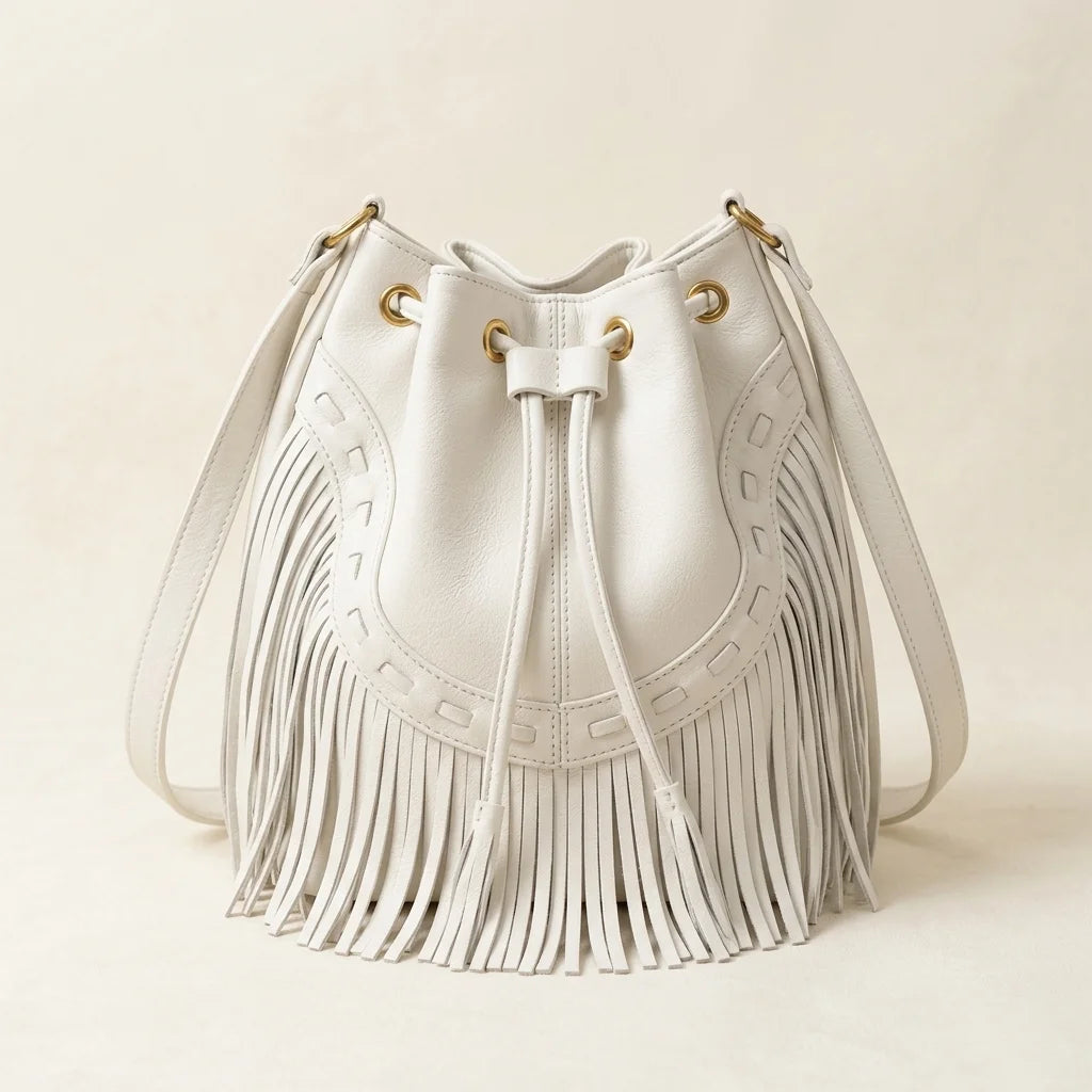 White leather bucket bag with fringes, front view