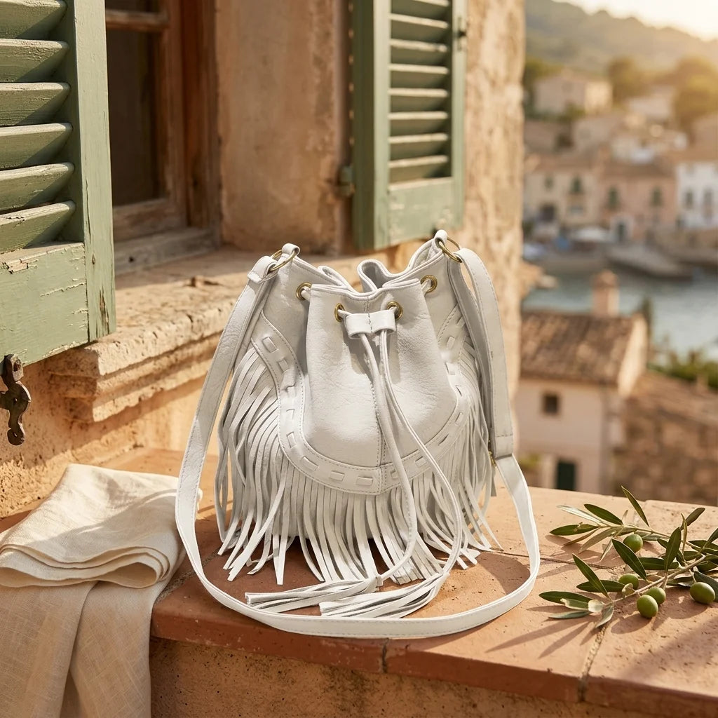 White leather bucket bag with fringes styled in a warm Mediterranean setting