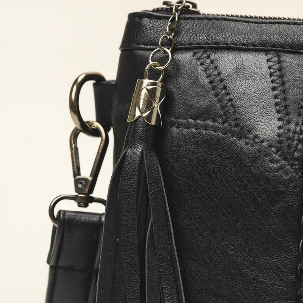 Close-up of fringe stitching and texture on Black leather clutch bags with side fringe