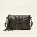 Black leather clutch bags with side fringe, front view