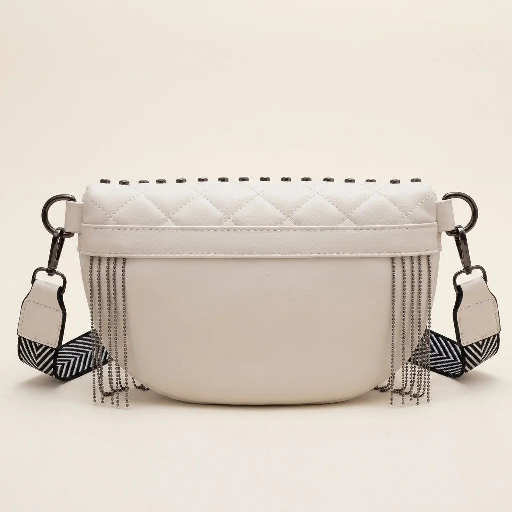 Back panel of Beige leather fringe belt bag with strap attachments
