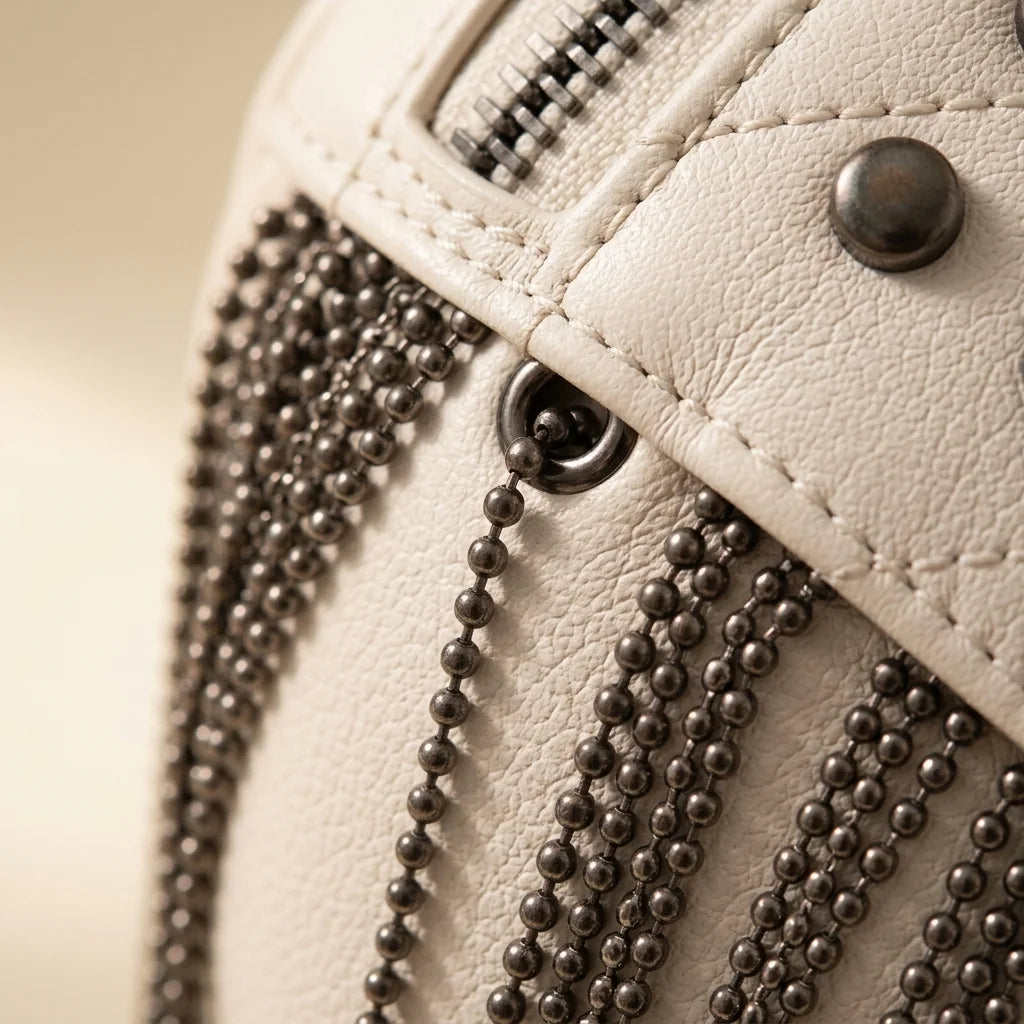 Close-up of fringe stitching and texture on Beige leather fringe belt bag
