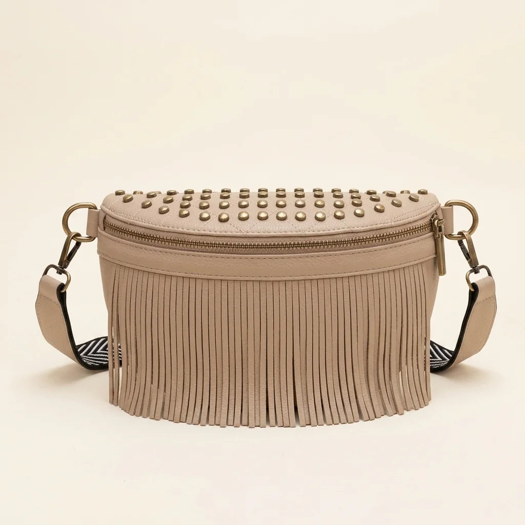 Beige leather fringe belt bag, front view