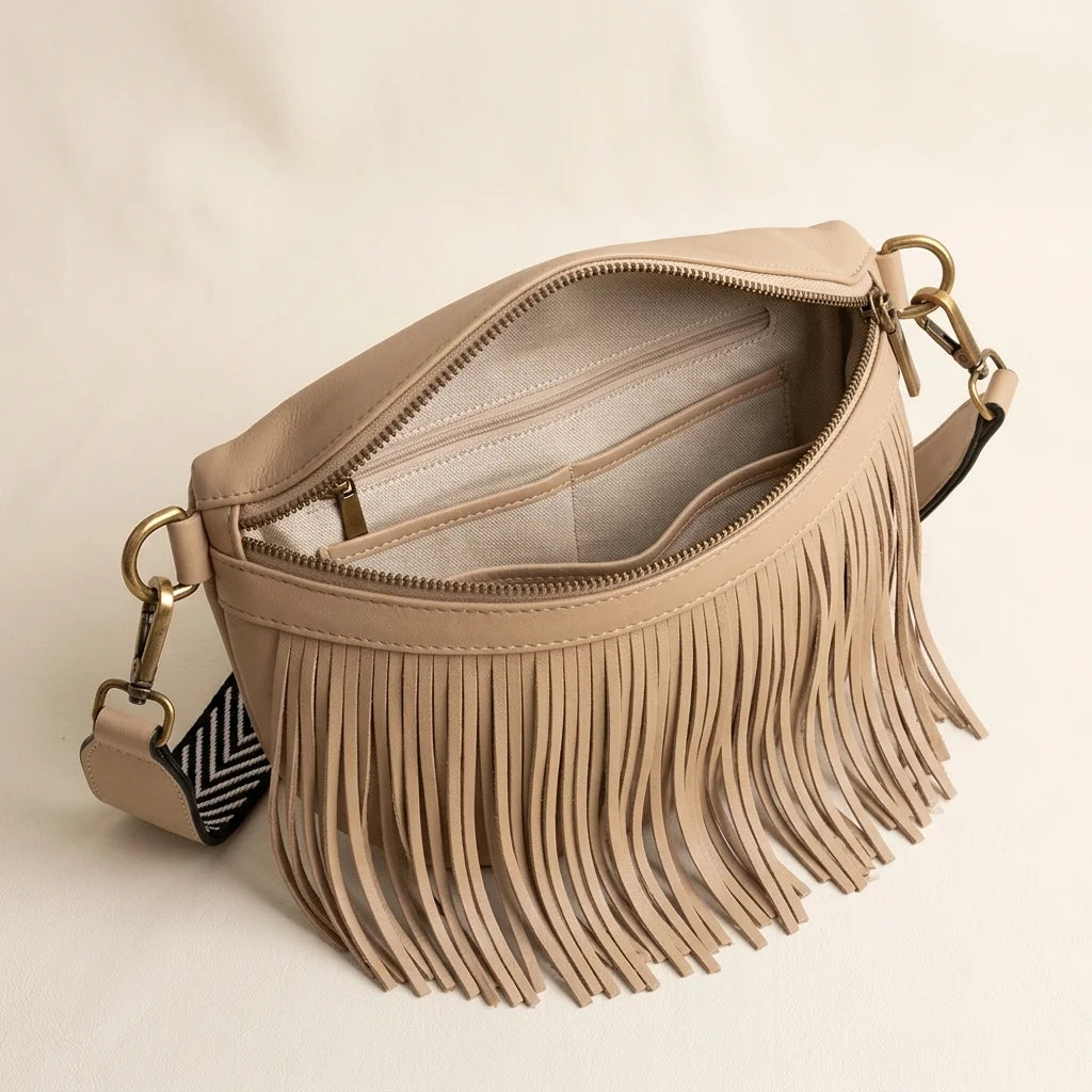 Interior lining and pockets of Beige leather fringe belt bag