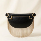 Back panel of Black leather fringe belt bag with strap attachments