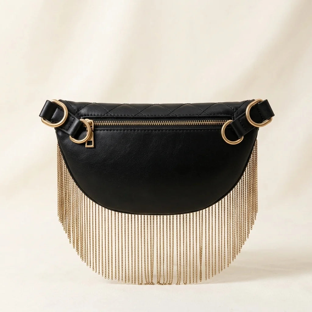 Back panel of Black leather fringe belt bag with strap attachments