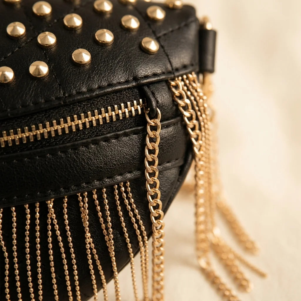 Close-up of fringe stitching and texture on Black leather fringe belt bag