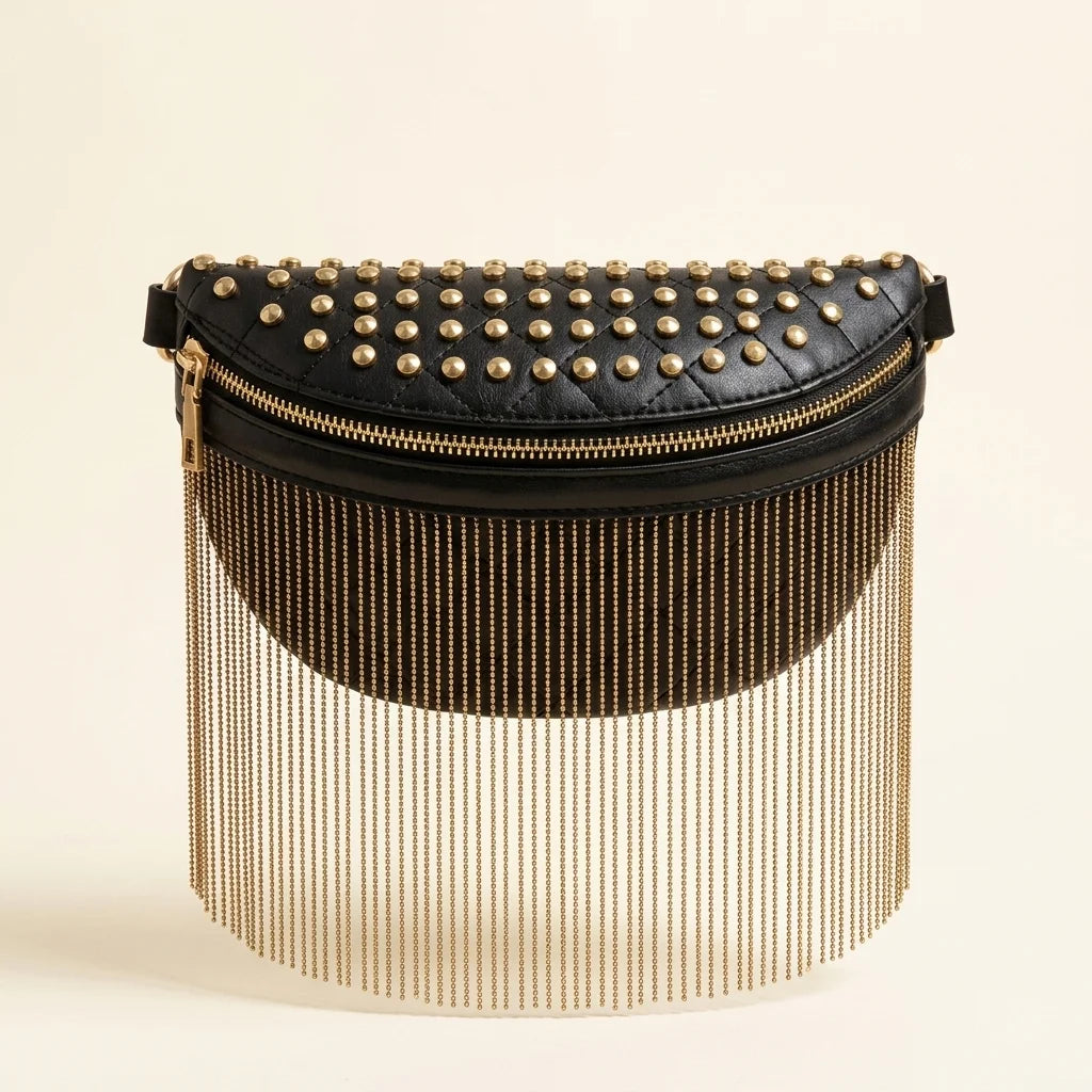 Black leather fringe belt bag, front view
