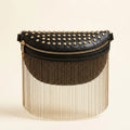 Black leather fringe belt bag, front view