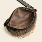 Interior lining and pockets of Black leather fringe belt bag