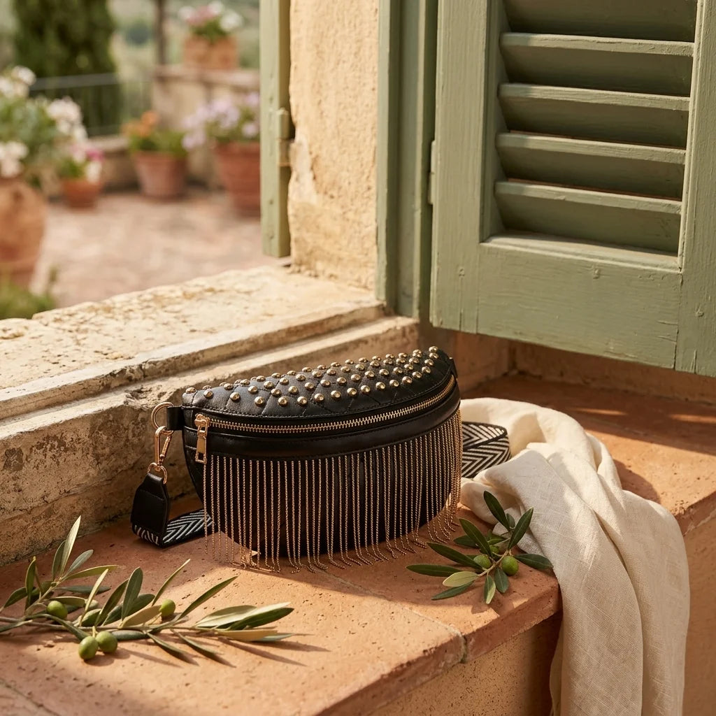 Black leather fringe belt bag styled in a warm Mediterranean setting
