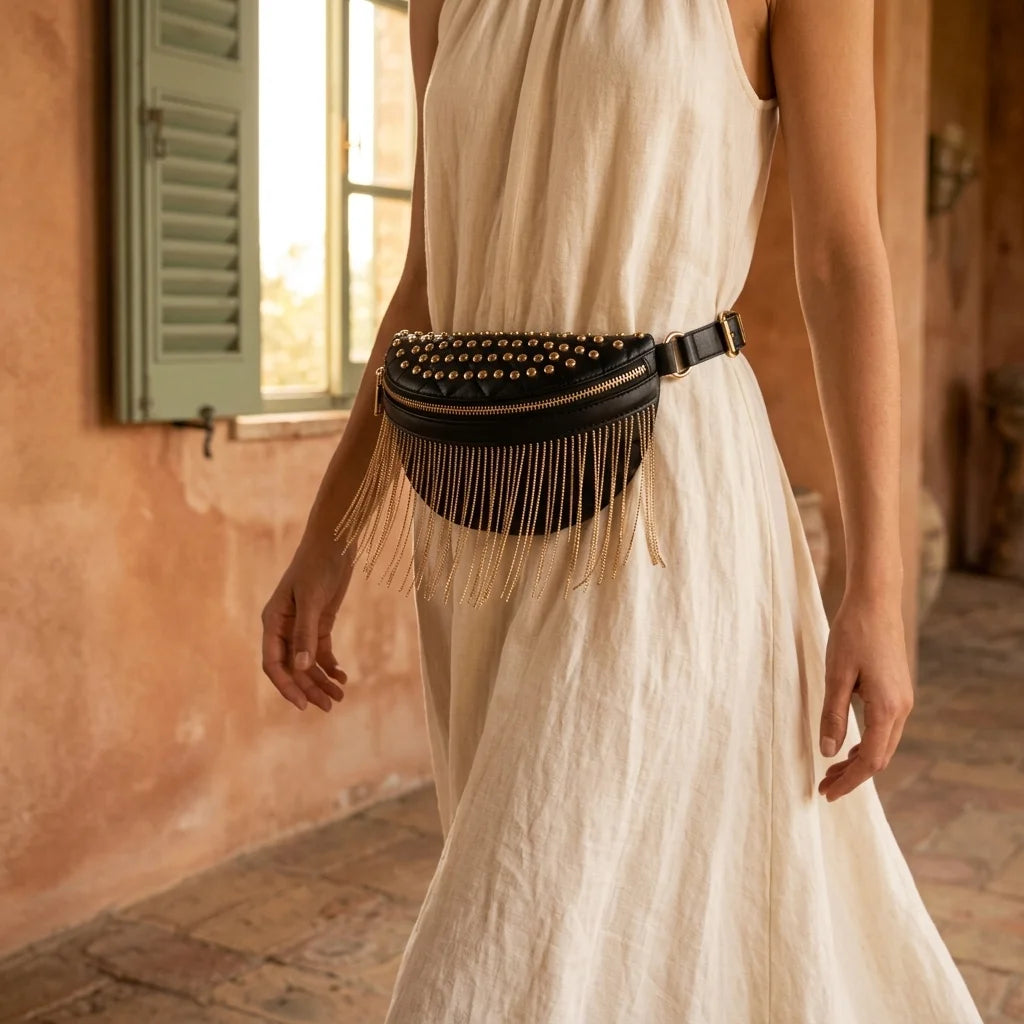 Woman wearing Black leather fringe belt bag with swaying fringe