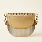 Back panel of Gold leather fringe belt bag with strap attachments