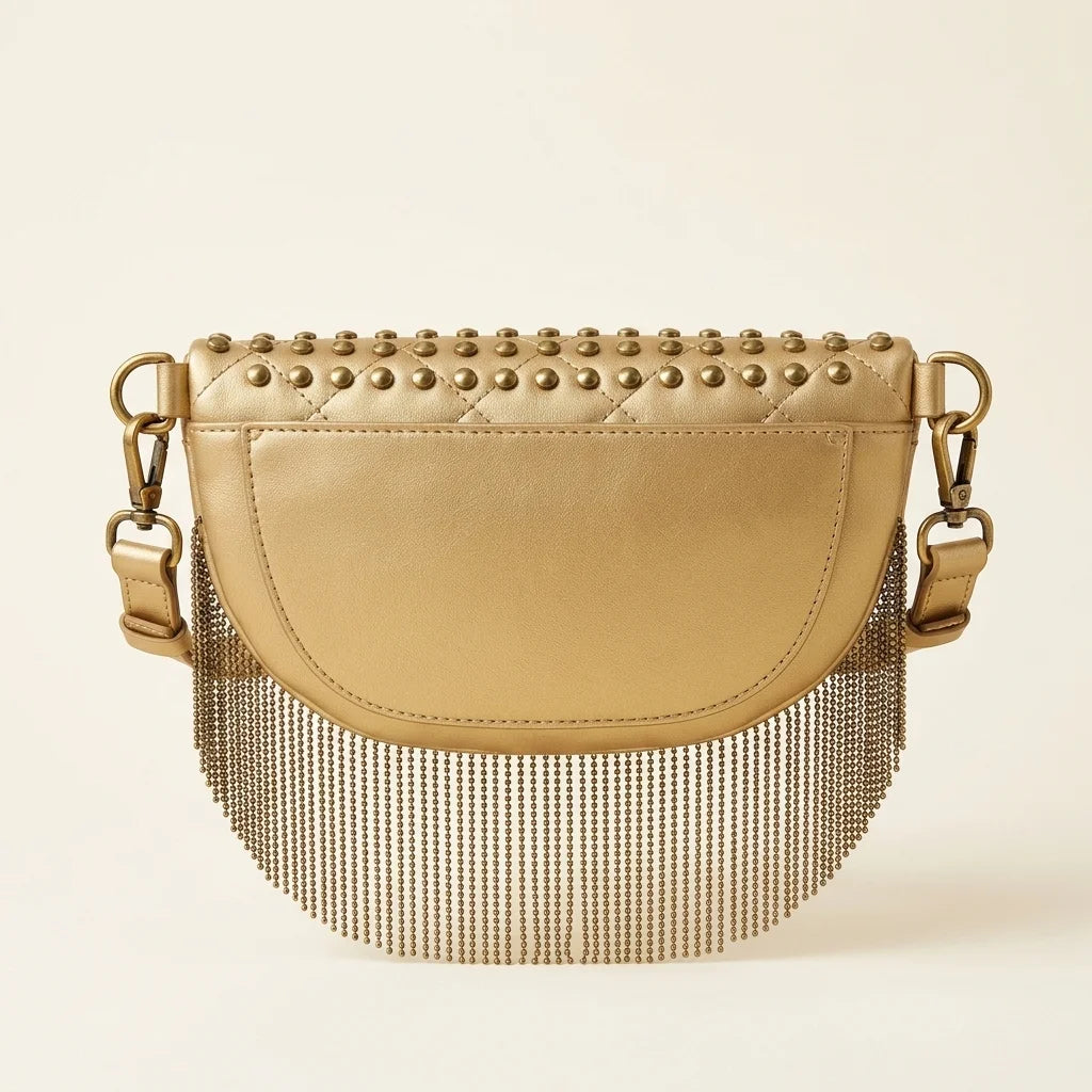 Back panel of Gold leather fringe belt bag with strap attachments