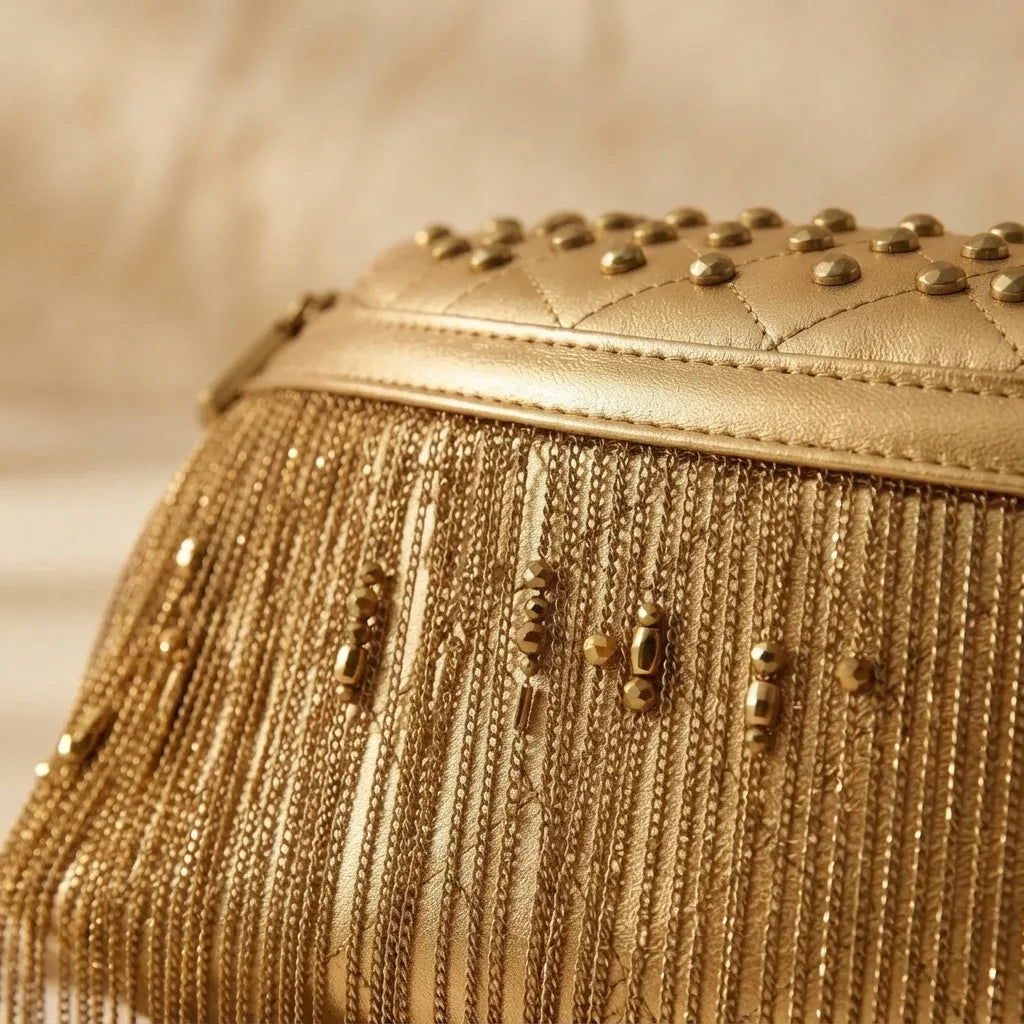 Close-up of fringe stitching and texture on Gold leather fringe belt bag