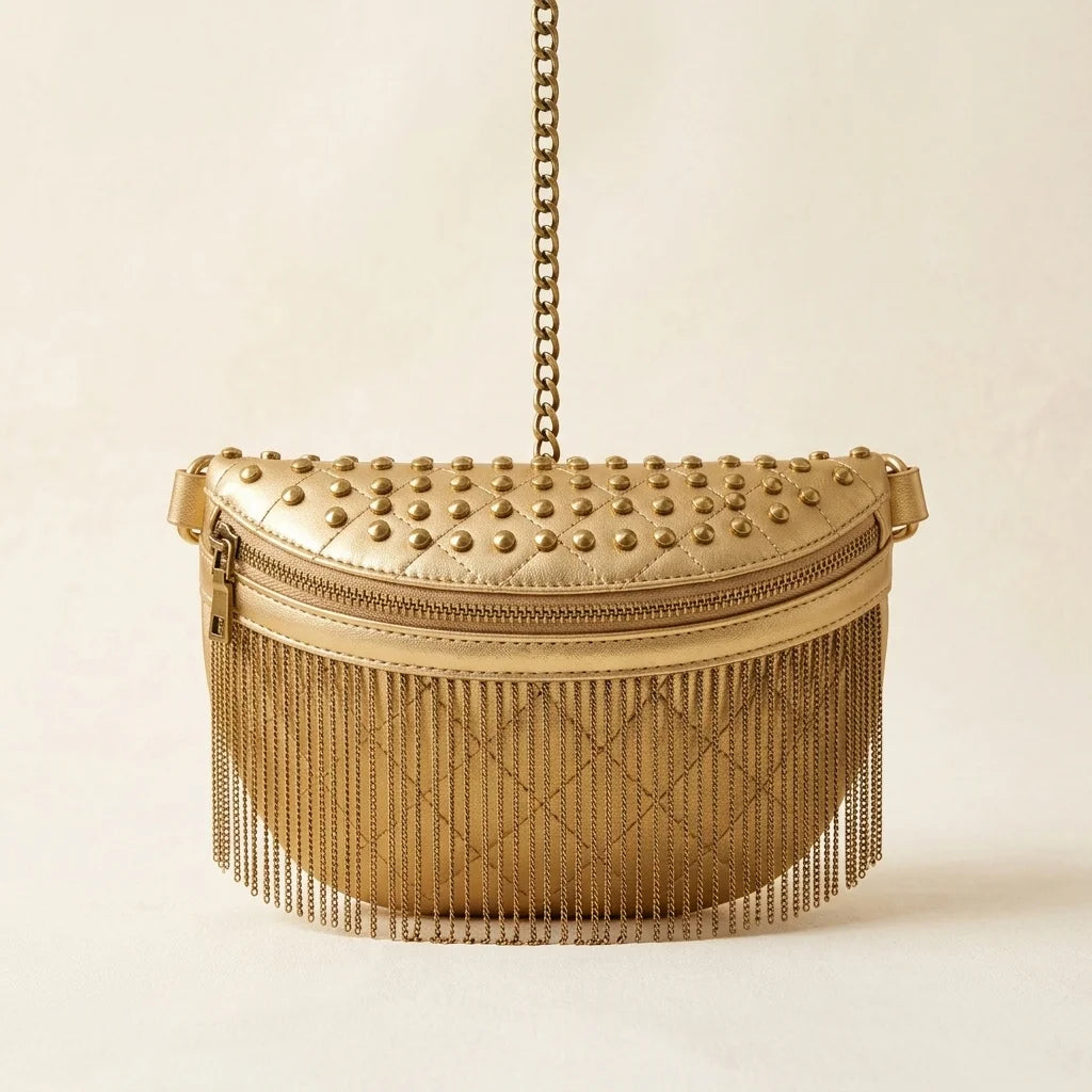 Gold leather fringe belt bag, front view