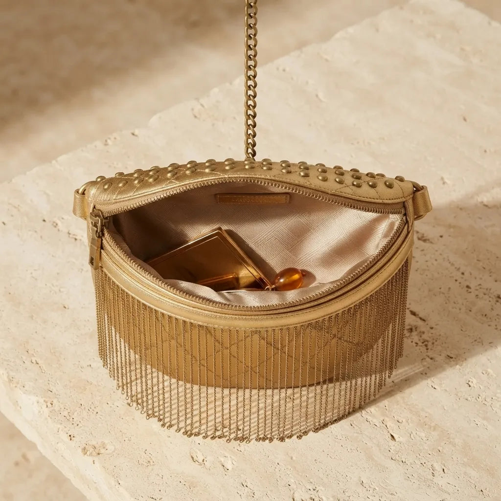 Interior lining and pockets of Gold leather fringe belt bag