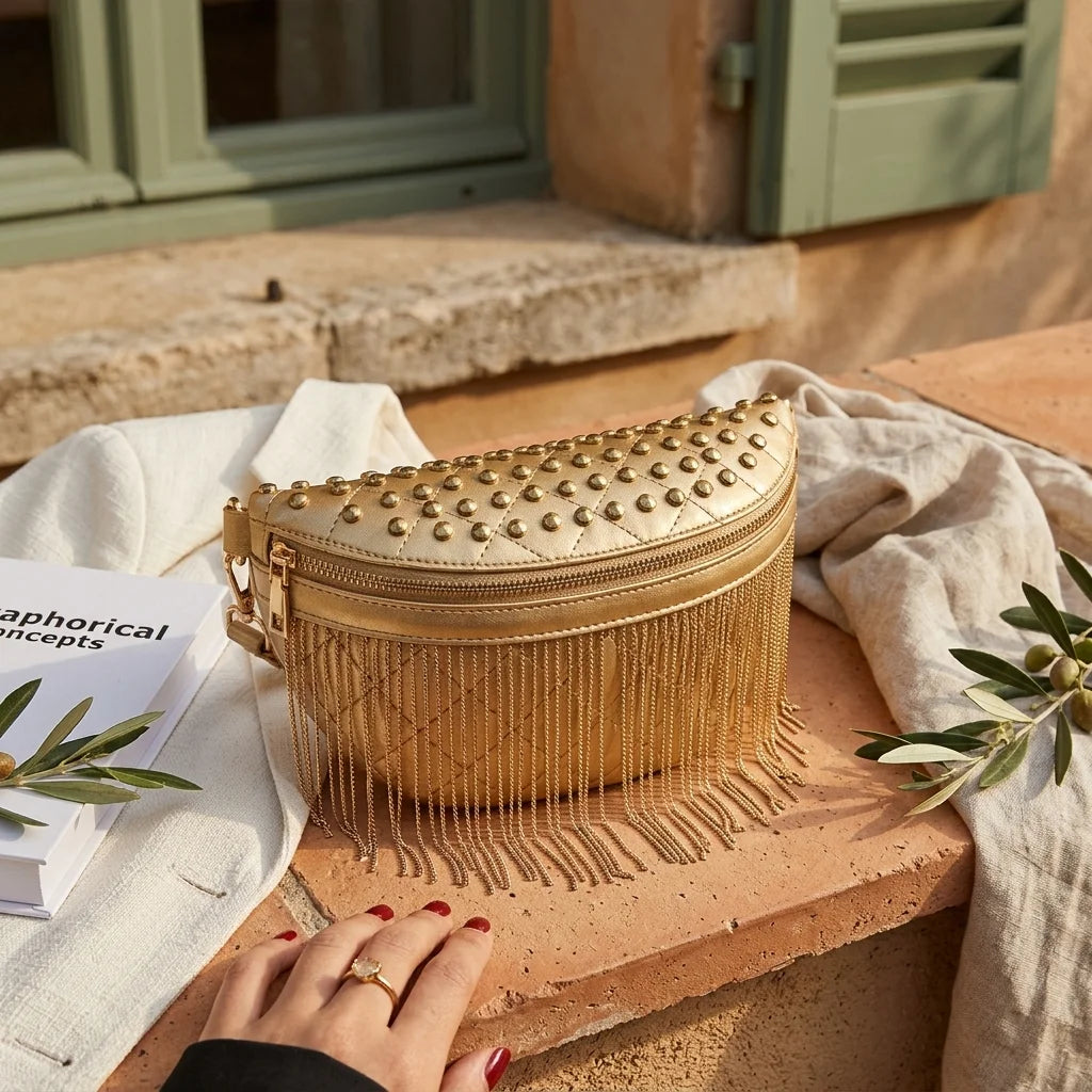Gold leather fringe belt bag styled in a warm Mediterranean setting
